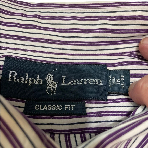 Ralph Lauren Custom Fit Long Sleeve Men’s Button up Shirt.  Purple/White Stripes - Picture 7 of 9